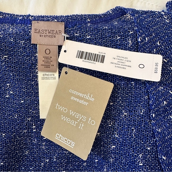 NWT Chicos light cardigan, 3/4-sleeve, sapphire blue w/white speckles, 0 (S) - Picture 4 of 10